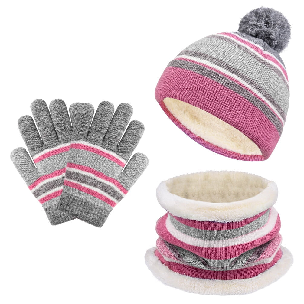 3 Pieces Kids Winter Hat Winter Scarf Winter Gloves Set, Knit Beanie Hat Scarf Gloves Set for Boys Girls, Winter Warm Knitted Set with Fleece Lining for Autumn, Winter, Pink