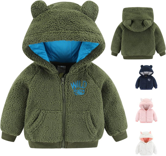 Newborn Infant Baby Boys Girls Cartoon Fleece Hooded Jacket Coat with Ears Warm Outwear Coat Zipper Up