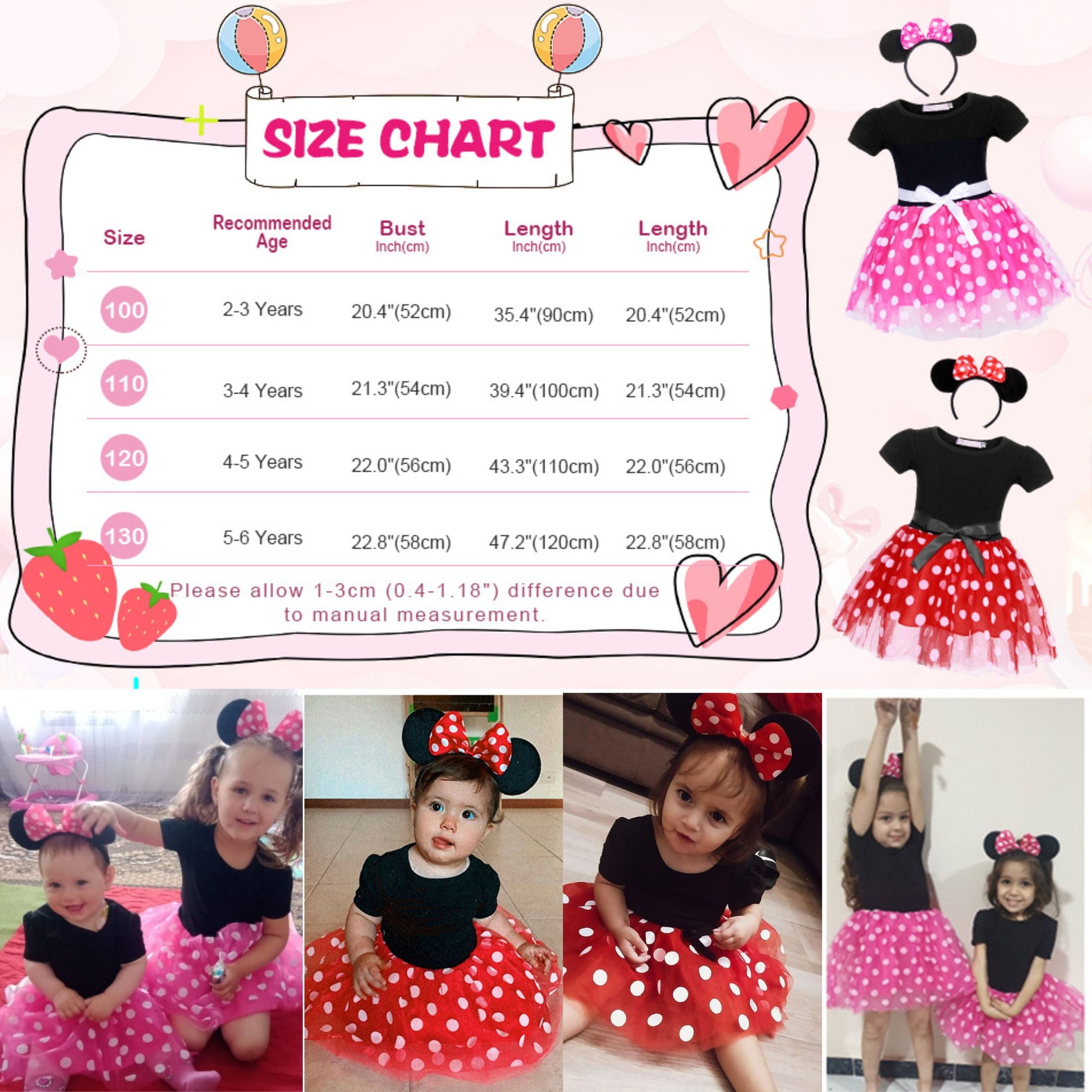 Minnie Mouse Costume Girls Dress up Princess Toddler Cute Polka Dots Fancy Minnie Mouse Dresses up Bowknot Tutu Tulle Cosplay Birthday Party Baby Girl Costume with Headband 120 CM