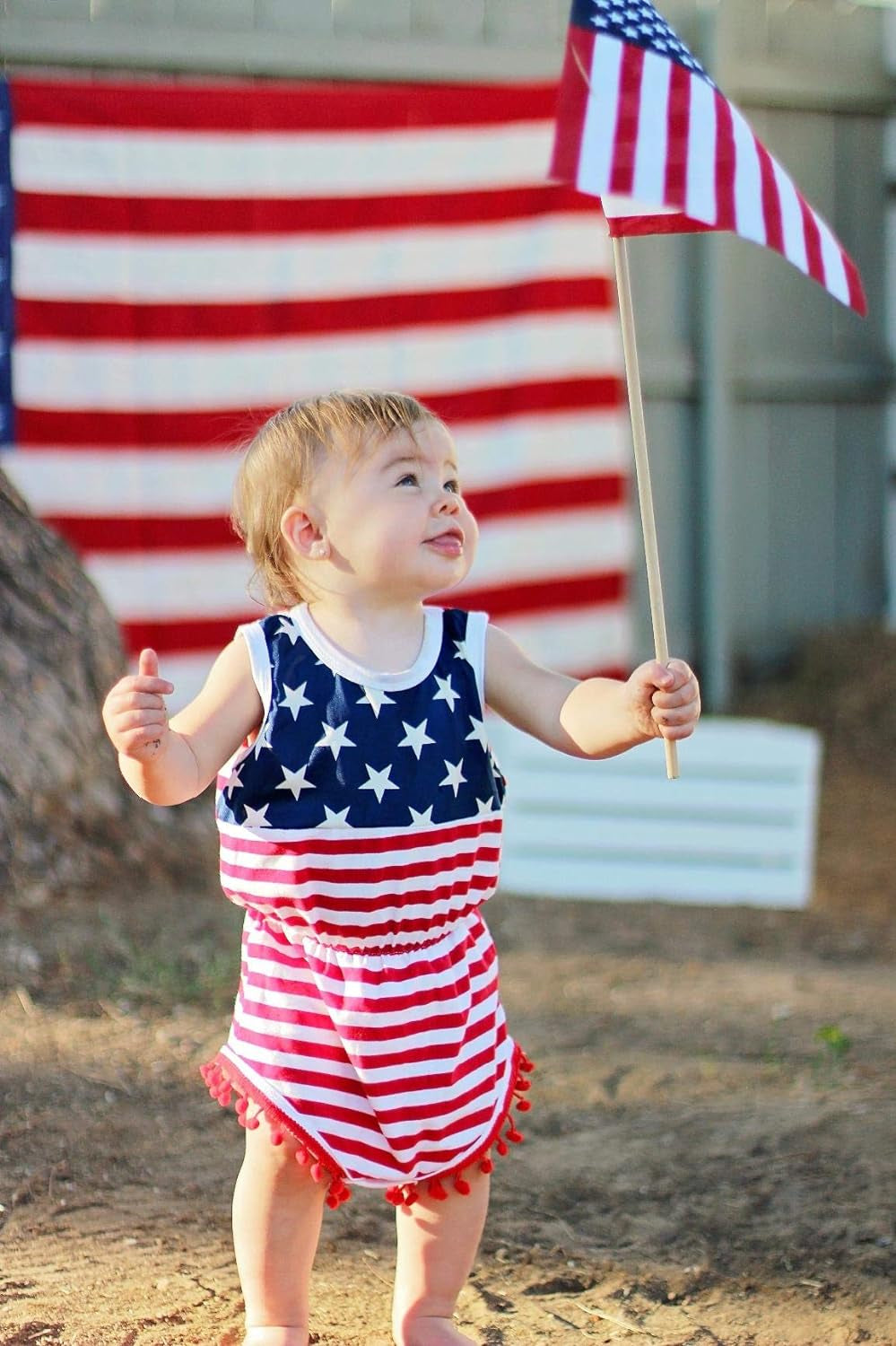 4Th of July Toddler Baby Girl American Flag Tassel Romper with Headband