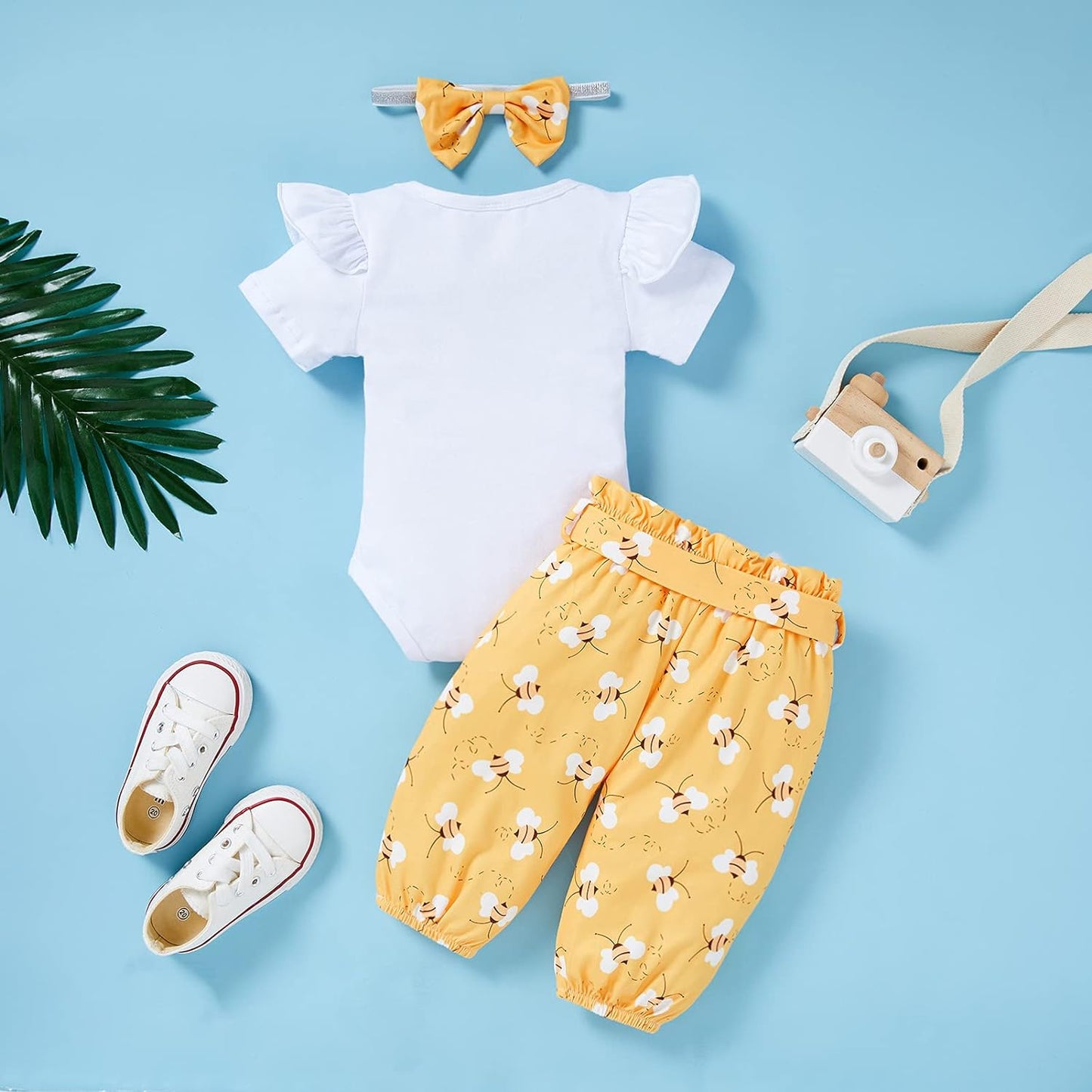 Infant Baby Girl Bumble Bee Clothes Letter Print Romper Honey Bees Pants Bowknot Headband Outfits Set